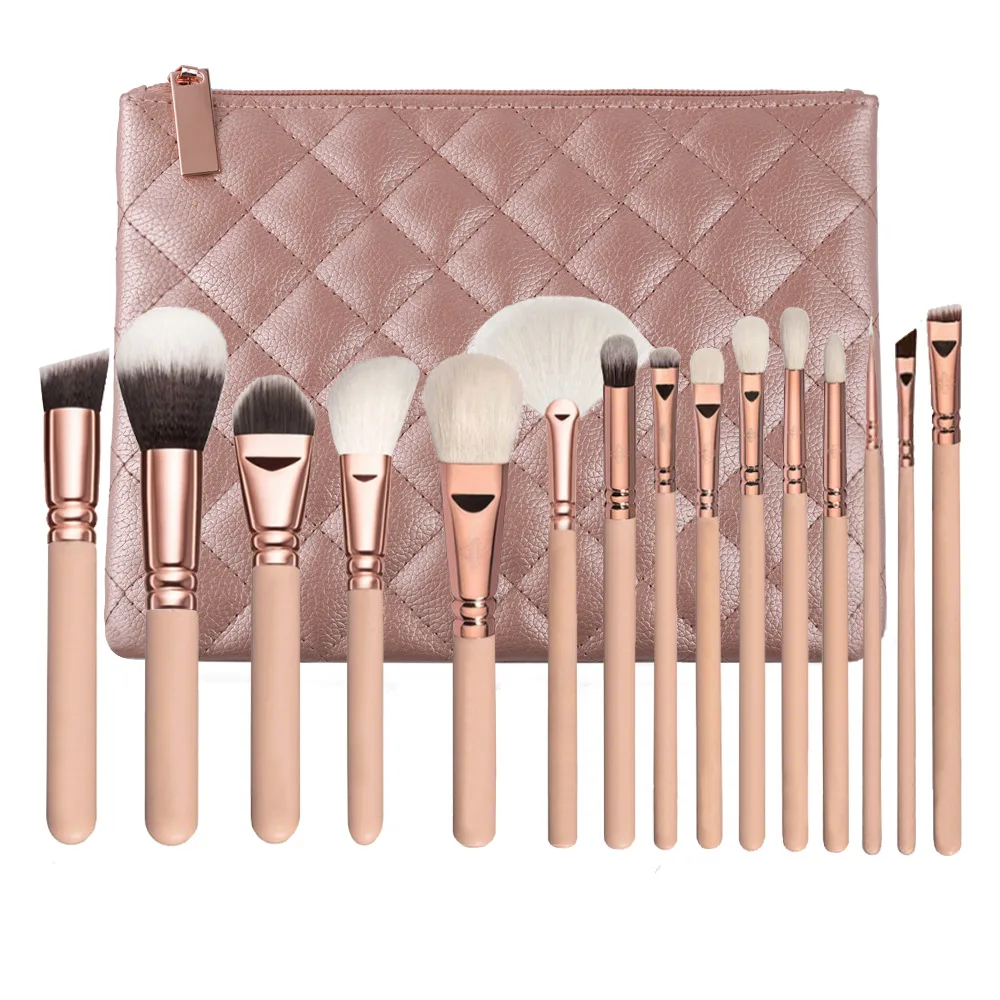

2021 high quality vegan pink makeup brushes 15pcs professional makeup brush set private label with zipper pu bag