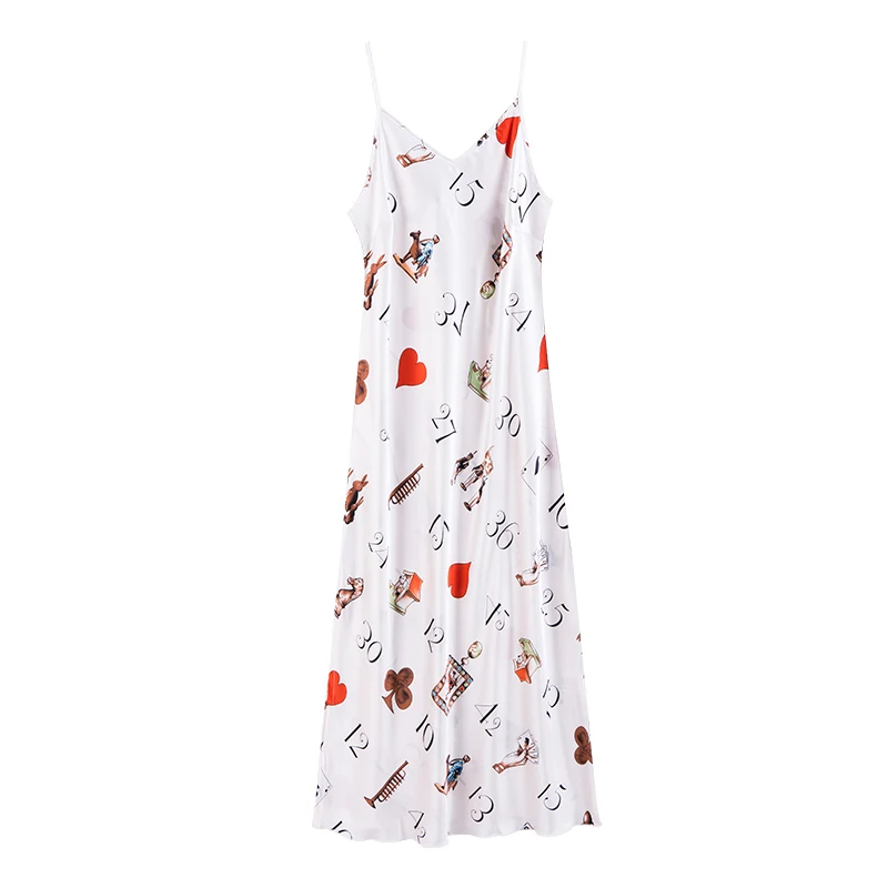 

Summer Hot Sale Digital Poker Print Sexy Split Silk Suspenders Home Wear, White