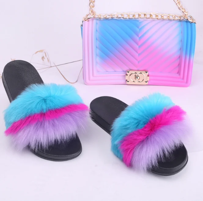 

USA Wholesale Fox Fur Slides With Matching Jelly Bag Handbag And Purses Sets Vendors for Women, Mix color + match jelly bags