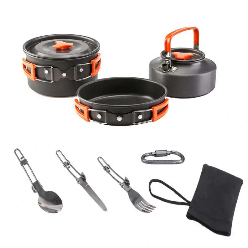 

Drop Shipping Wholesale Portable Camping Cookware Set Outdoor Cooking Mess Kit Pots, Green orange