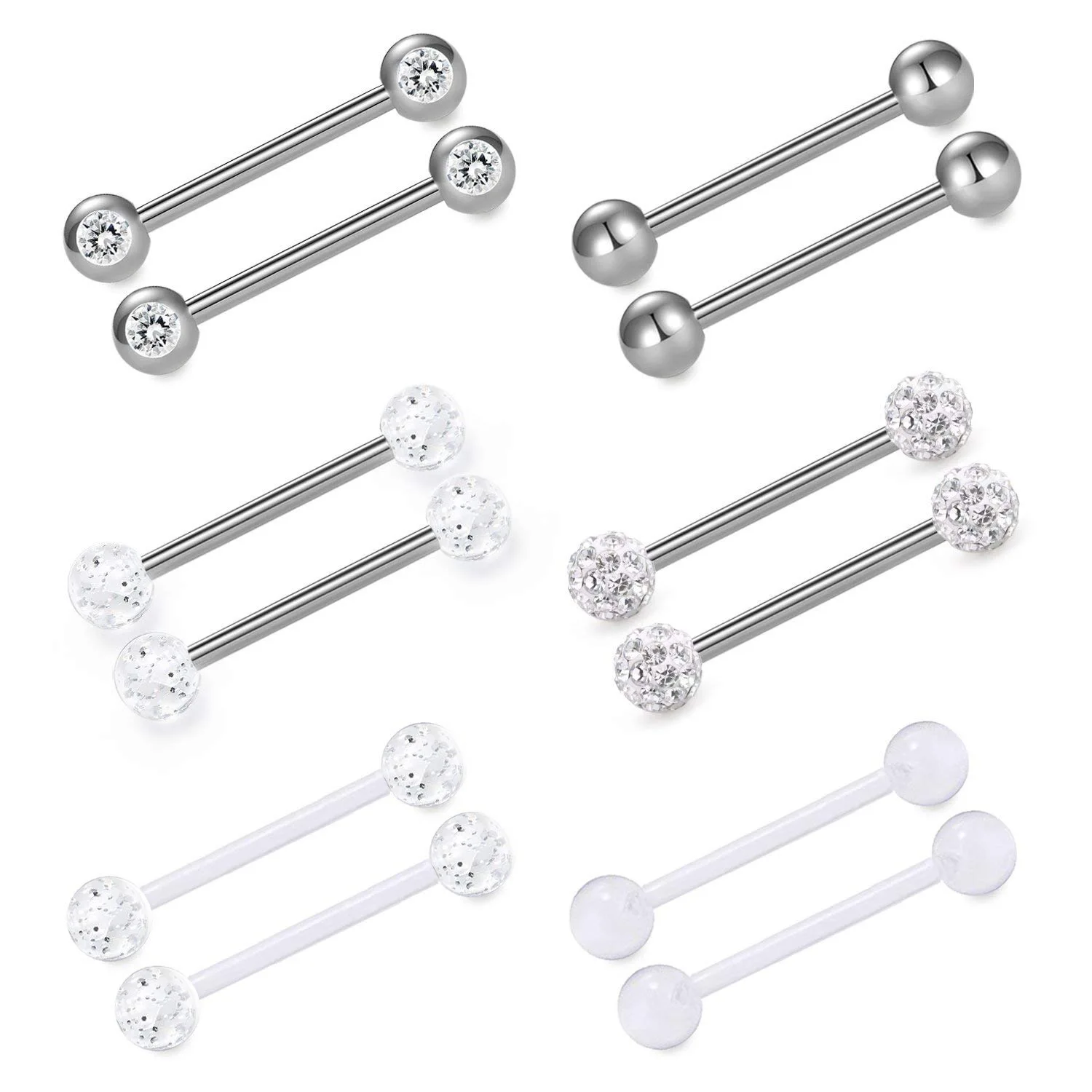 

6pair/set Clear CZ Ball Nipple Ring Straight Barbell Rings Bars Retainer Acrylic Stainless Steel Tongue Rings, Silver