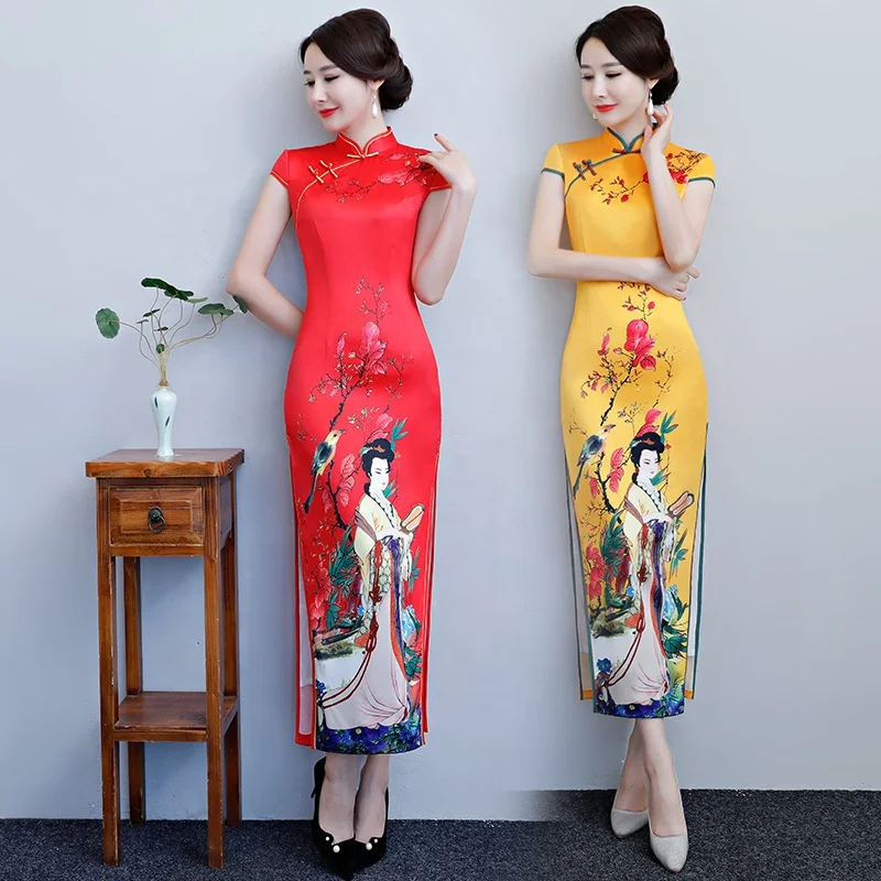 

Wholesale Tang Suit Printed Chinese Traditional Dress Women Short Sleeve Cheongsam Qipao