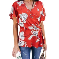 

New stylish printed V neck short ruffled sleeve flare hemline twists women summer shirt blouse