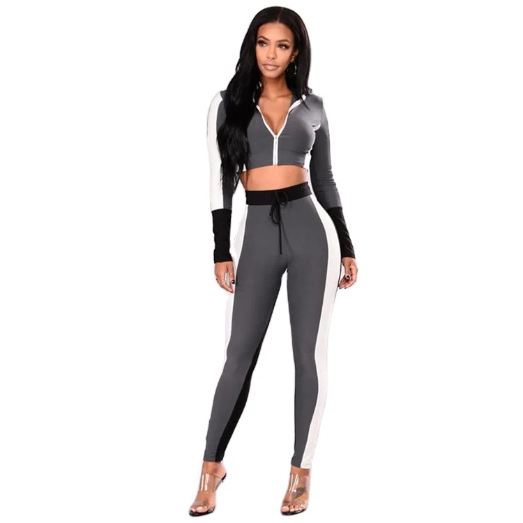 

Workout Set Contrast Color Fitness Clothing Long Sleeve Gym Yoga Sport Tracksuits For Women, Gray