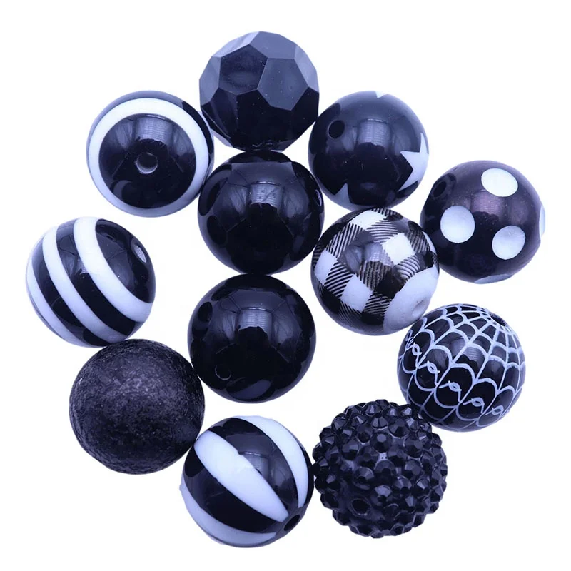 

Hotsale loose chunky 20mm 100pcs black randomly mixed acrylic gumball beads for necklace jewelry 8 to 10 styles, Mixed,white, ivory, pink, green, blue, black, brown etc.acrylic beads