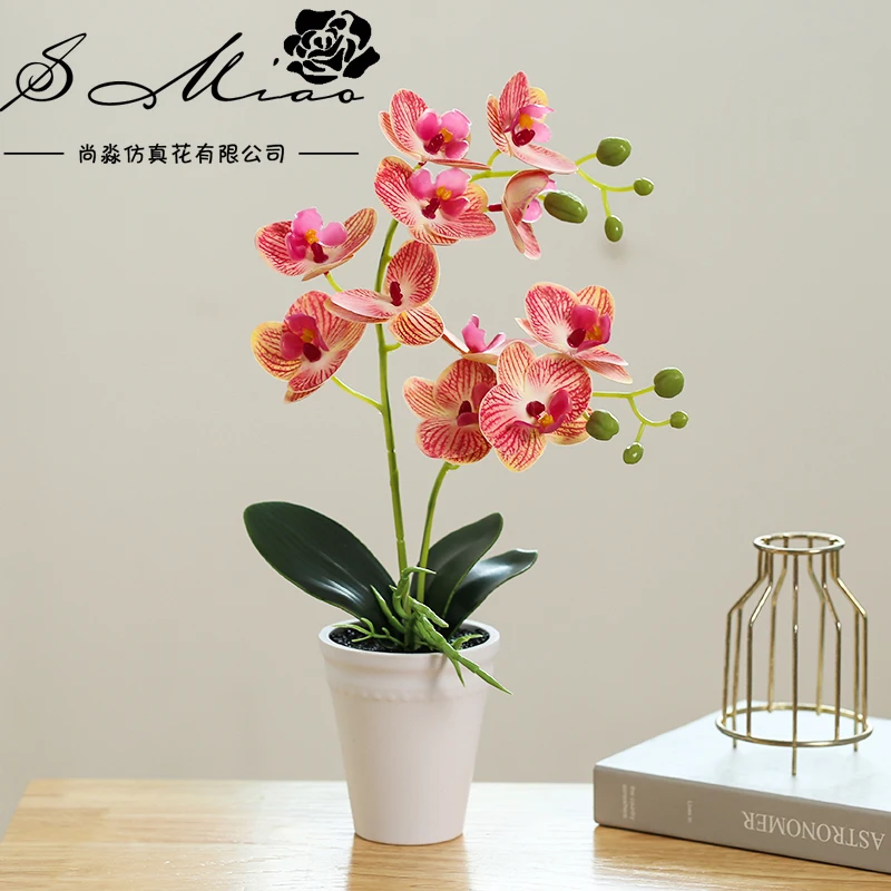 

Bonsai Two-forked Phalaenopsis Decorative Artificial Flowers Pot Plants Home Decor with Melamine Pot