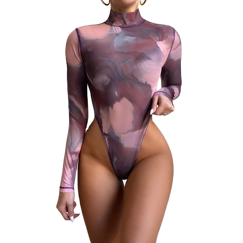 

K20802 All match hot girl jumpsuits tie dye turtleneck long sleeve printing bodysuits for women, Shown