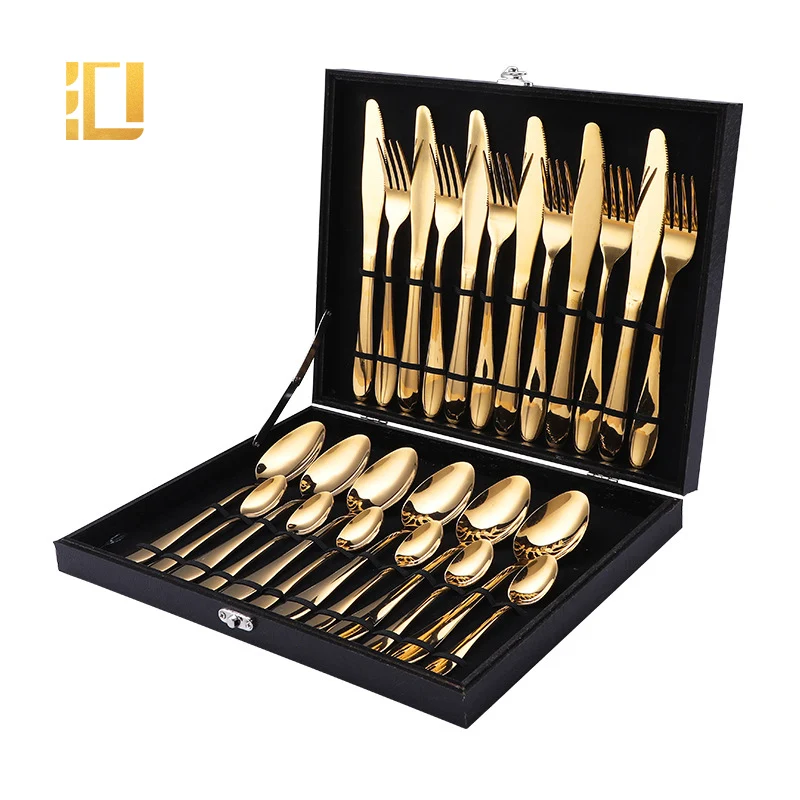 

High Quality 24pcs Cutlery Set Gold Silverware Cutlery Flatware with Wooden Case, Sliver/gold/rose gold/black/rainbow