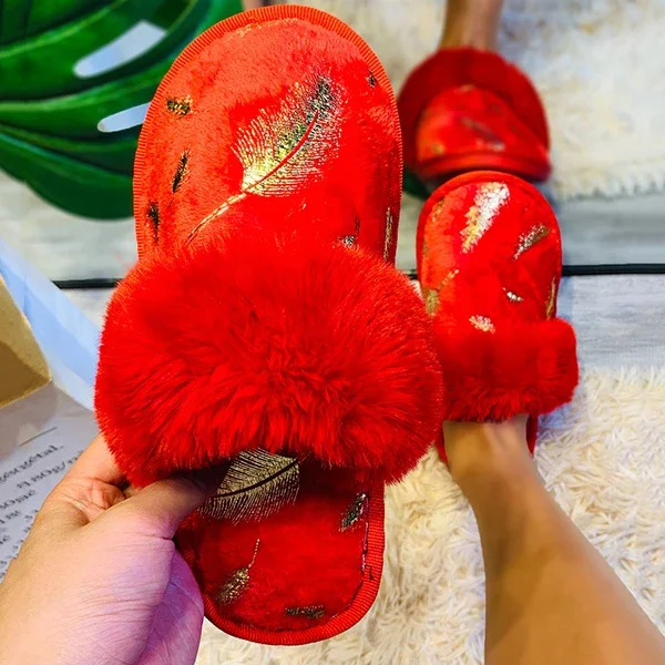 

Feather Pattern Large Size 43 Warm Women Fluffy Fur Closed Round Toe Flat Slippers Female Summer Outside Slides Shoes, Red,black,grey,purple,khaki