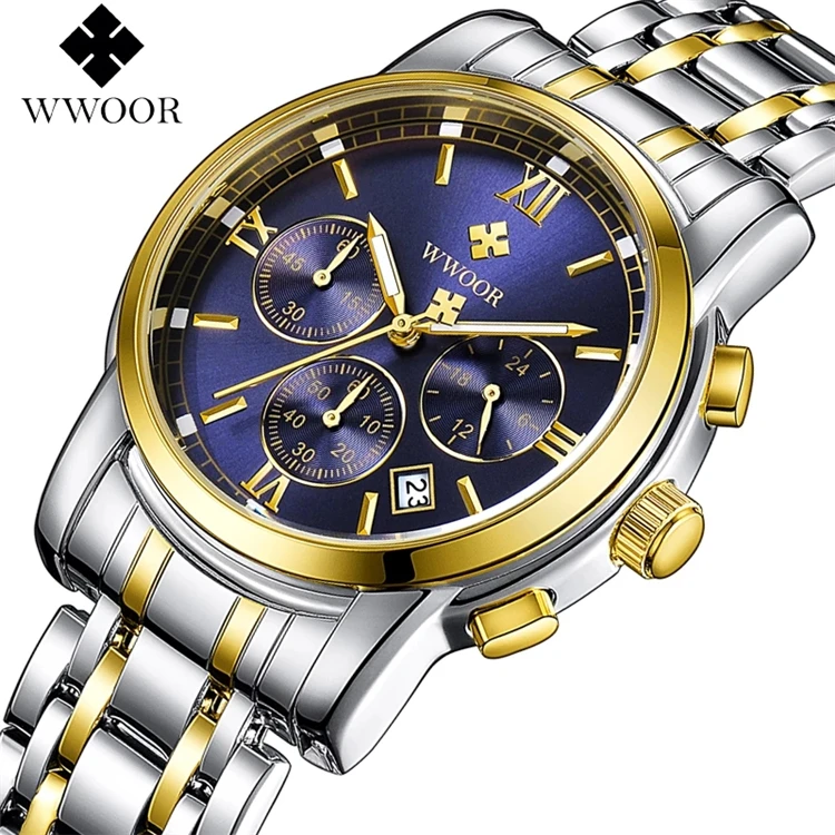 

WWOOR Luxury Watches Mens Analog Date Quartz Sport Watch Waterproof Gold Silver Full Steel Wristwatch Male Chronograph 8864