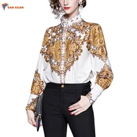 

European style autumn latest design hot sale yellow graceful high neck floral print long sleeve new fashion casual lady shirt