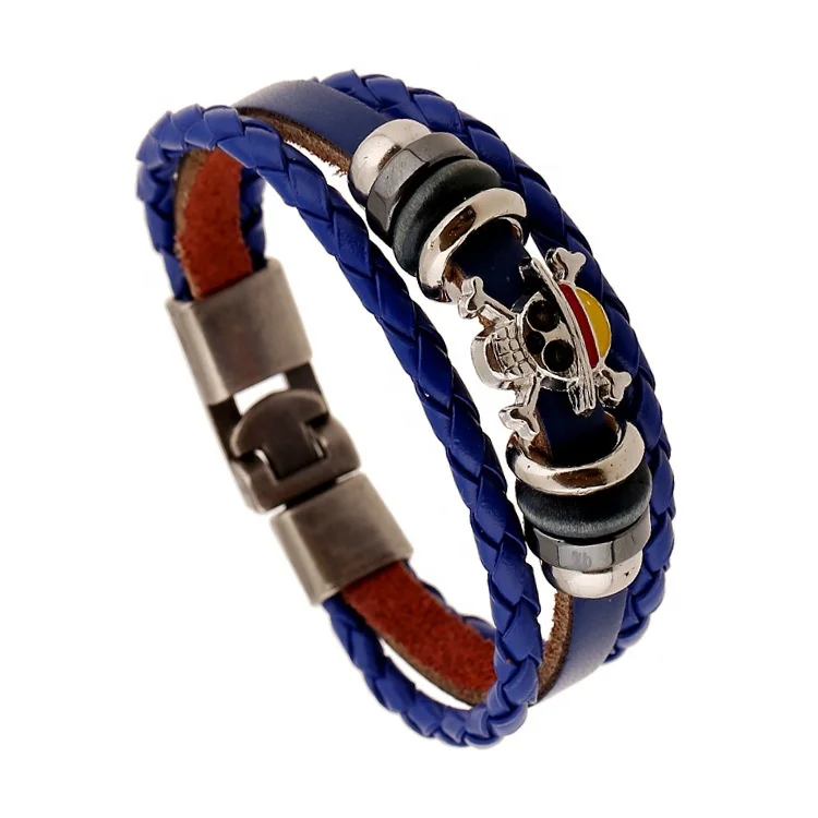 

Wholesale Anime Jewelry Punk New Skull Leather Bracelet One Piece Bracelet Luffy Blue Leather Bracelet