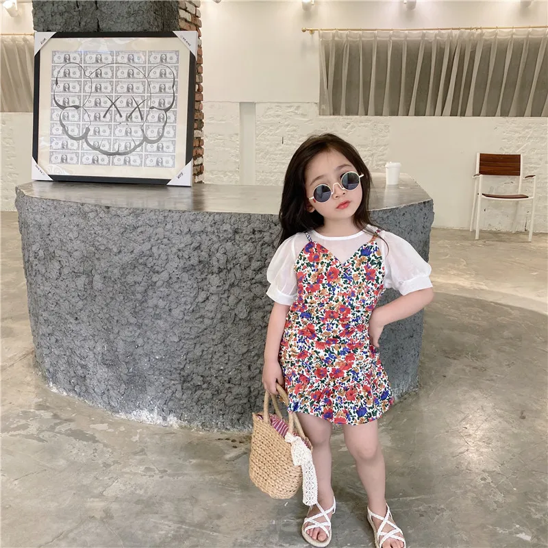 

Summer Infant Baby Girls Clothes Sets girls floral dress childre white tops sling dress beach suit, As picture