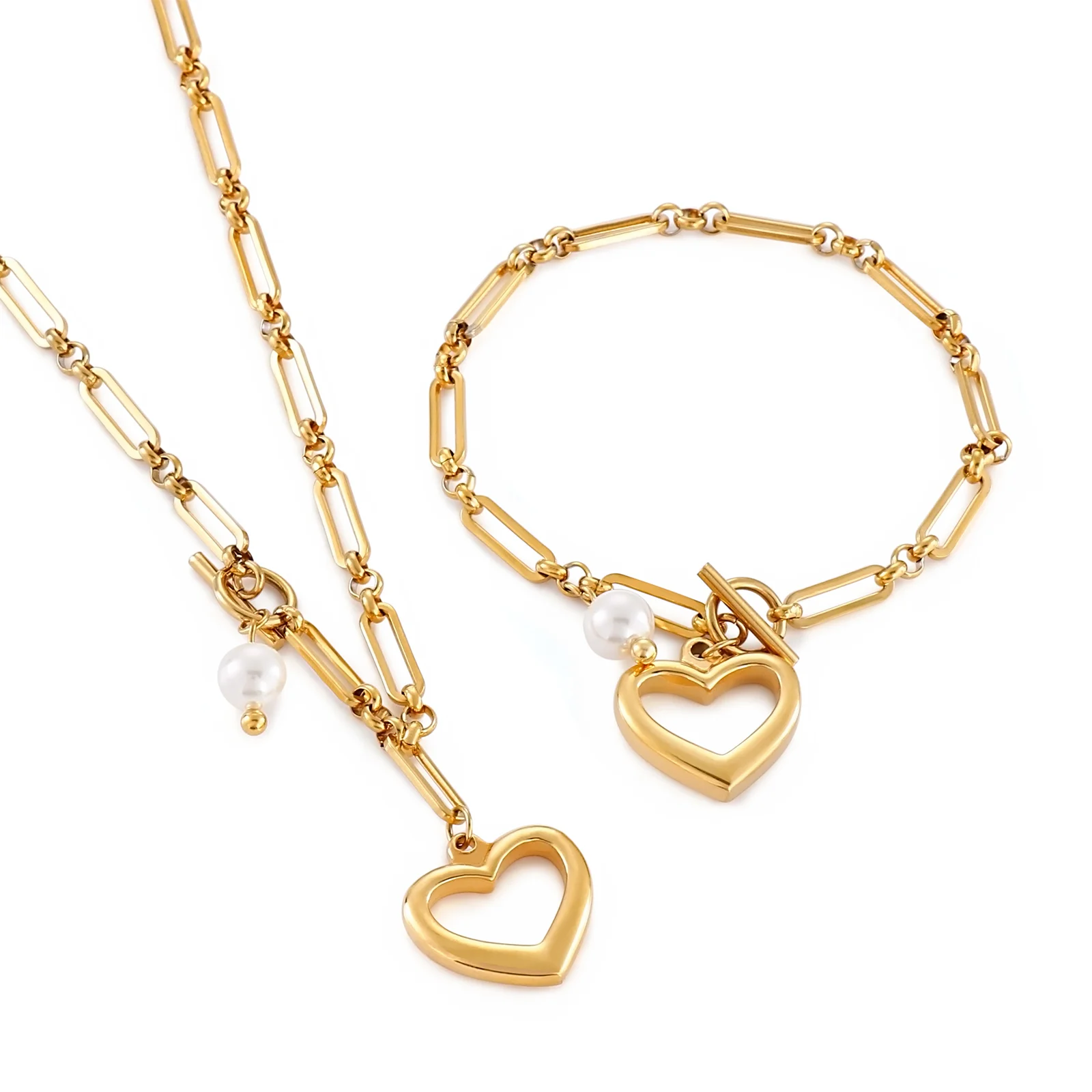 

Fashion Women Heart Bracelets Pendant Necklaces 18K Gold Plating Charms Stainless Steel Jewelry Set