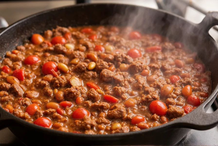 Quick easy chili recipe in a cast iron pot with steam rising, showing ground beef, tomatoes, beans, and spices