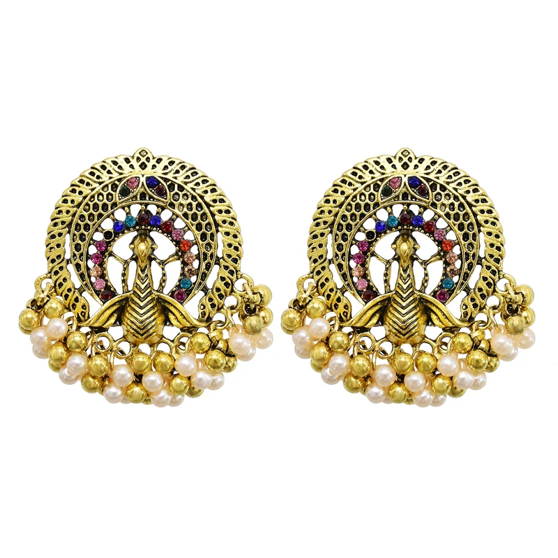 

Ethnic Women's Gold Color Peacock Round Alloy Gypsy Jhumka Earrings Vintage Boho Tribe Pearl Tassel Drop Earrings Jewelry