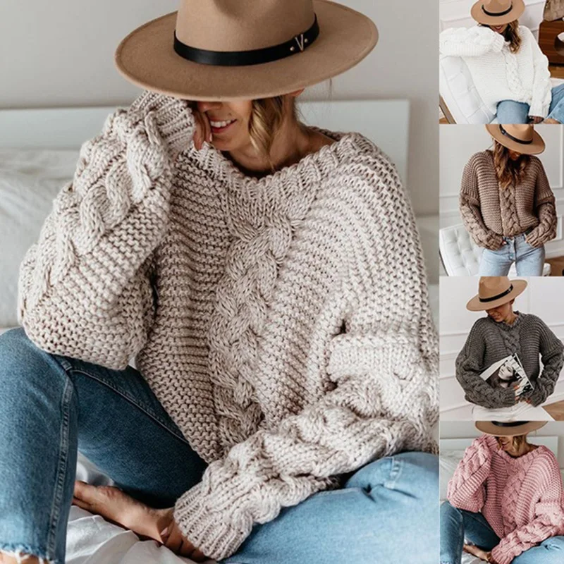 

Hot Fashion Solid Autumn Winter Loose Knitted Sweaters Women, Picture