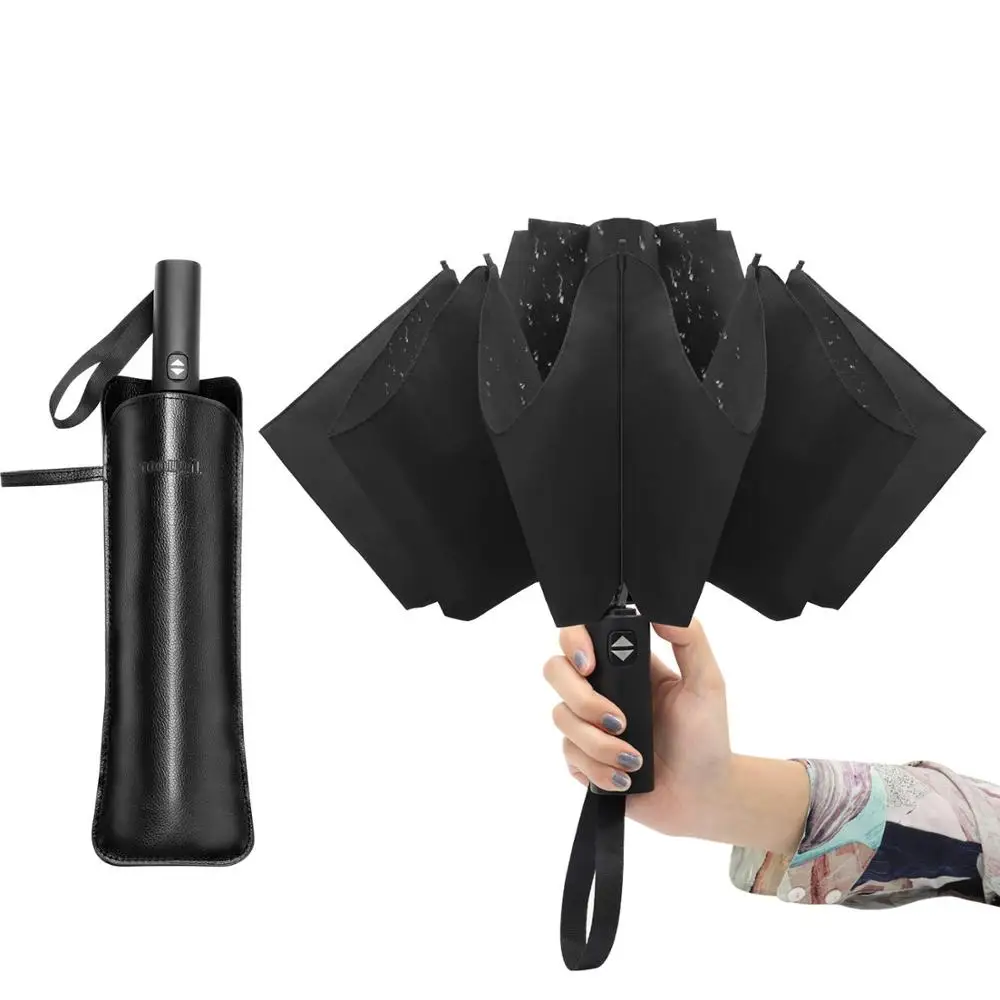 10Ribs Strong Windproof Umbrella Automatic Folding Travel Umbrella with Leather Cover