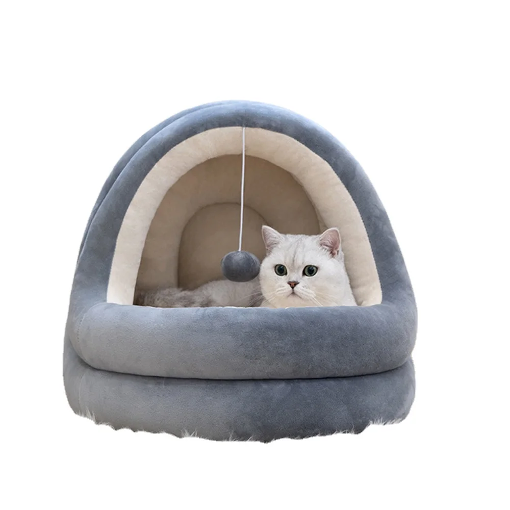 

ZMaker Warm Plush Tent Shaped Machine Wash Crystal Velvet Soft Cat Cave Bed Nest, Grey, grey+white