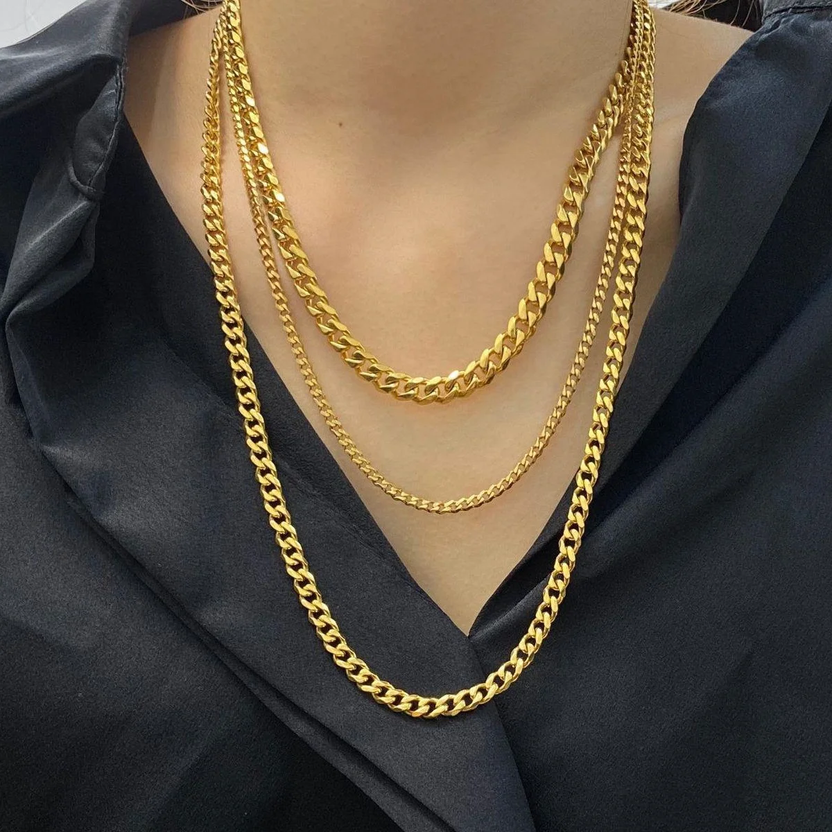 

Trendy Daily Jewelry Stainless Steel 3mm 5mm 7mm Wide 18K Gold Plated Thick Chunky Cuban Link Chain Necklace Women