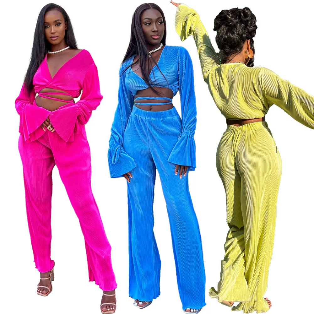 

C0602TA48 Hot Selling Casual Bandage Crop Top Wide Leg Pants 2-piece Set Women Sehe Fashion