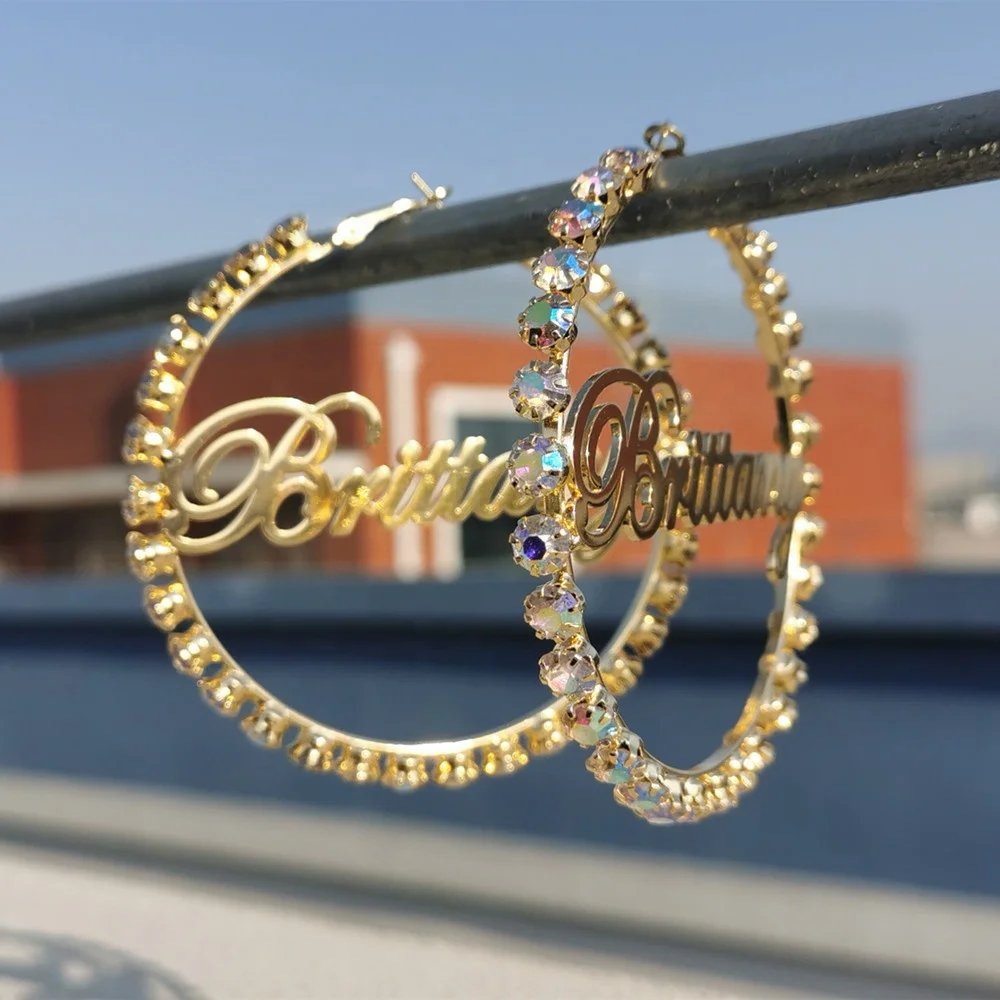 

Gold Stainless Steel Hip Hop Sexy Custom Women Name Plate Zircon Wholesale 14k Customized Name Hoop Name Earrings, Gold/rose gold/ silver