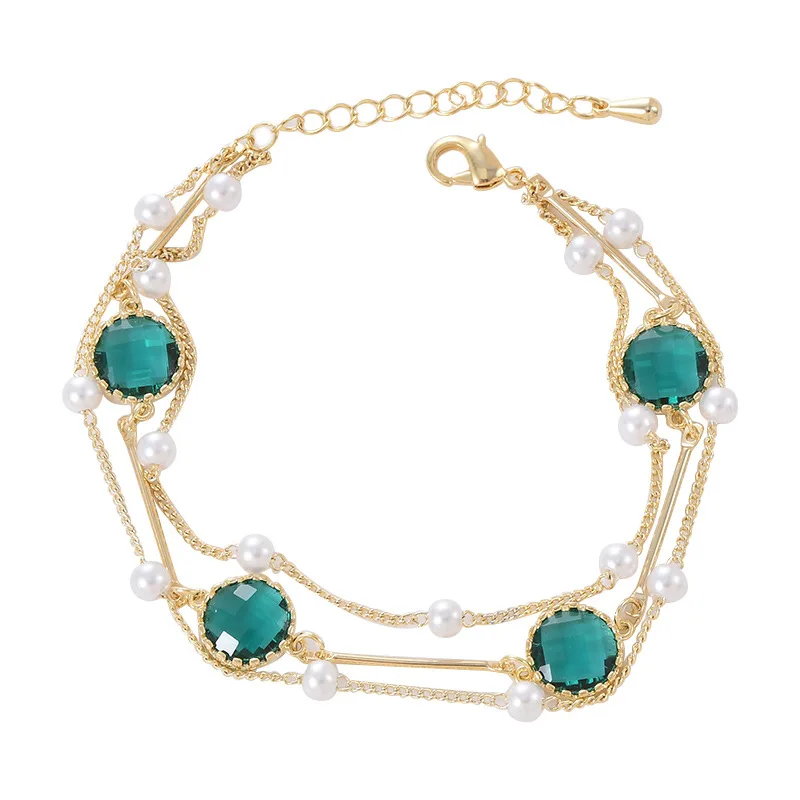 SL89347 Wholesale Western Fashion Geometric Round Zircon Emerald Delicate Fine Bracelet Gold Plated WomenJewelry