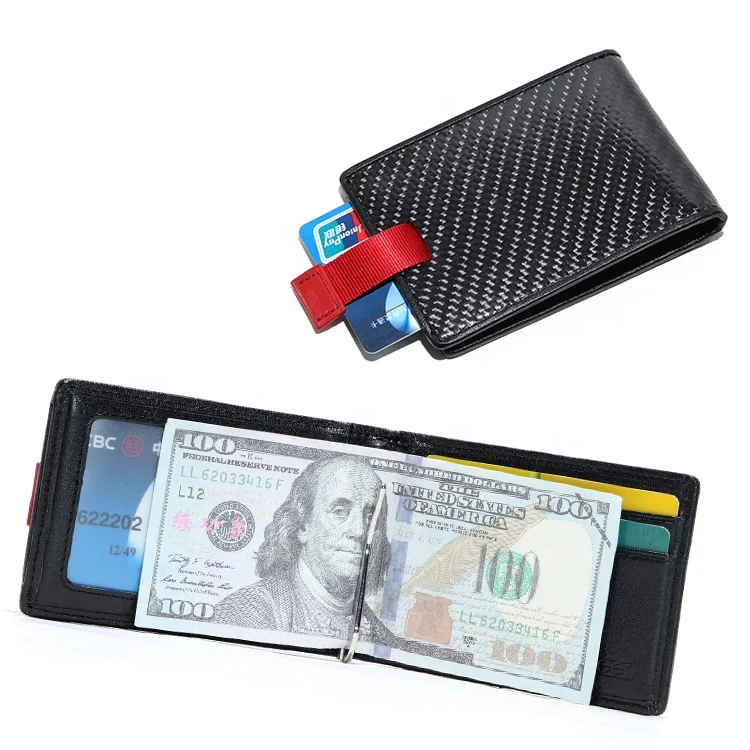 

Amazon High Quality Custom Front Pocket Carbon Fiber Leather Money Clip Wallet For Mens