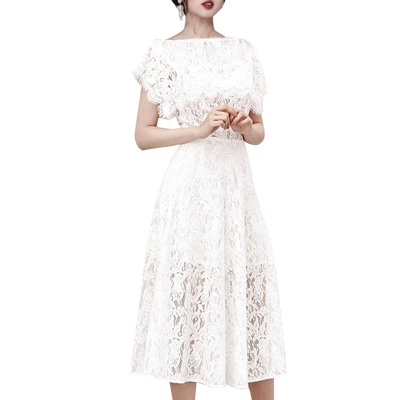 

2020 Guangzhou Bridesmaid Sweet A Line Elegant Party Embroidery Women Lace Hollow Midi Dress, Customized color