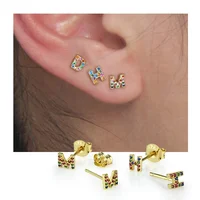 

Silver Jewelry 925 Earrings 14K Gold Plated Dainty Jewelry Micro Pave CZ Tiny Initial Gold Stud Earrings For Women