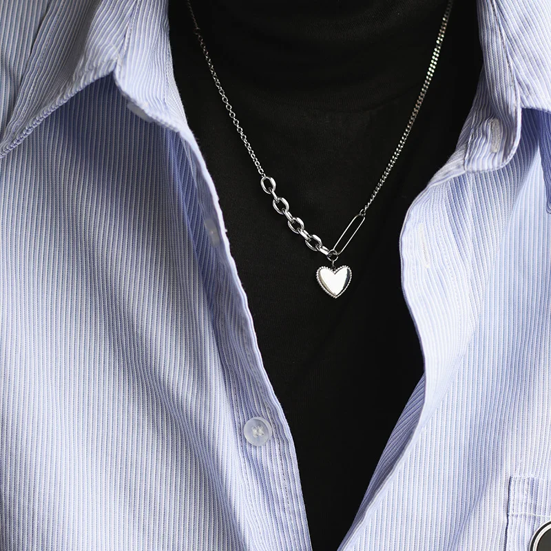 

Hip hop girls minimalist punk stainless steel necklace with puff heart charm, Silver
