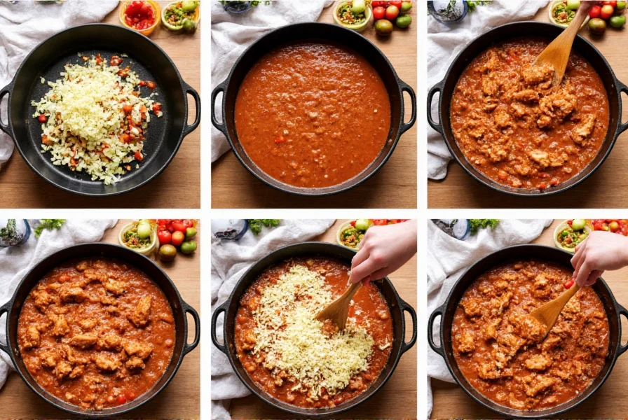 Step-by-step preparation of easy chicken chili in a cast iron pot with fresh ingredients
