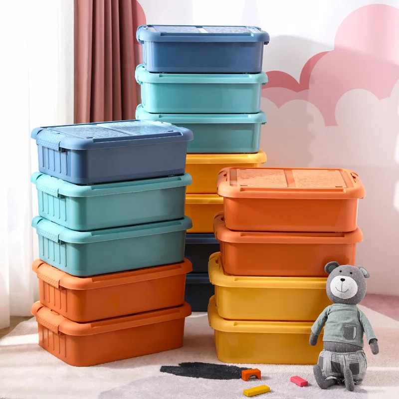 

Under the bed storage container plastic flat storage box pulley under the bed toy box clothes storage box, Yellow, blue, green, orange
