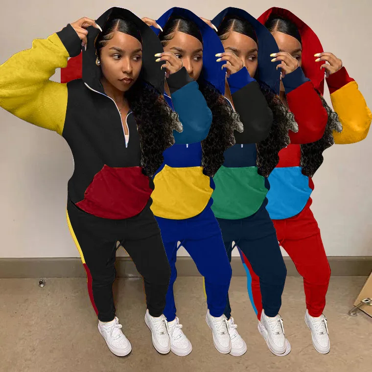 

Fashion women's autumn and winter new style multi-color stitching color block casual truck suit in sport hoodie sports suit