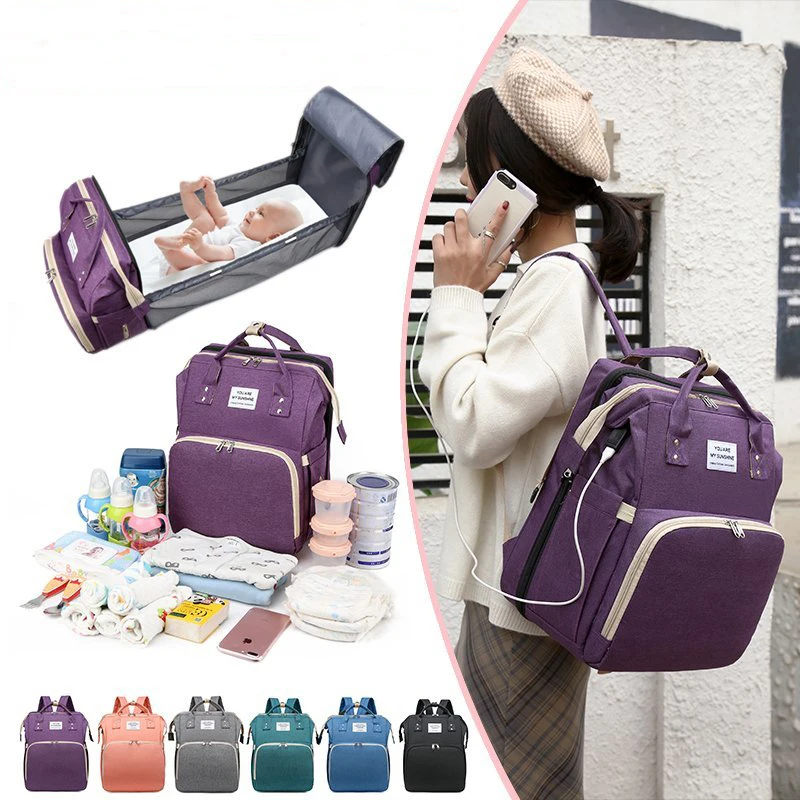 

Wholesale Hot Travel Multifunctional Mom Backpack Folding Crib Usb baby diaper Bag With changing bed, Wine, purple,green,navy, black,grey, blue, pink