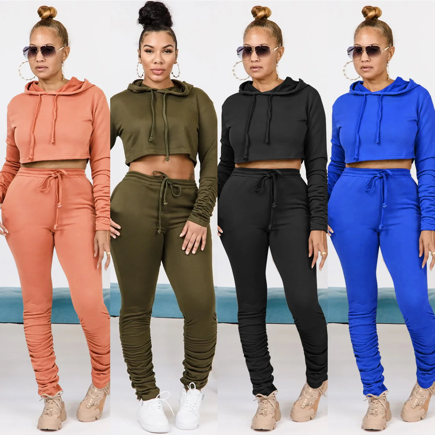 

C3745 Best selling high quality trendy stacked pants with pockets solid hooded 2 pieces sets pleated crop top fashion outfits