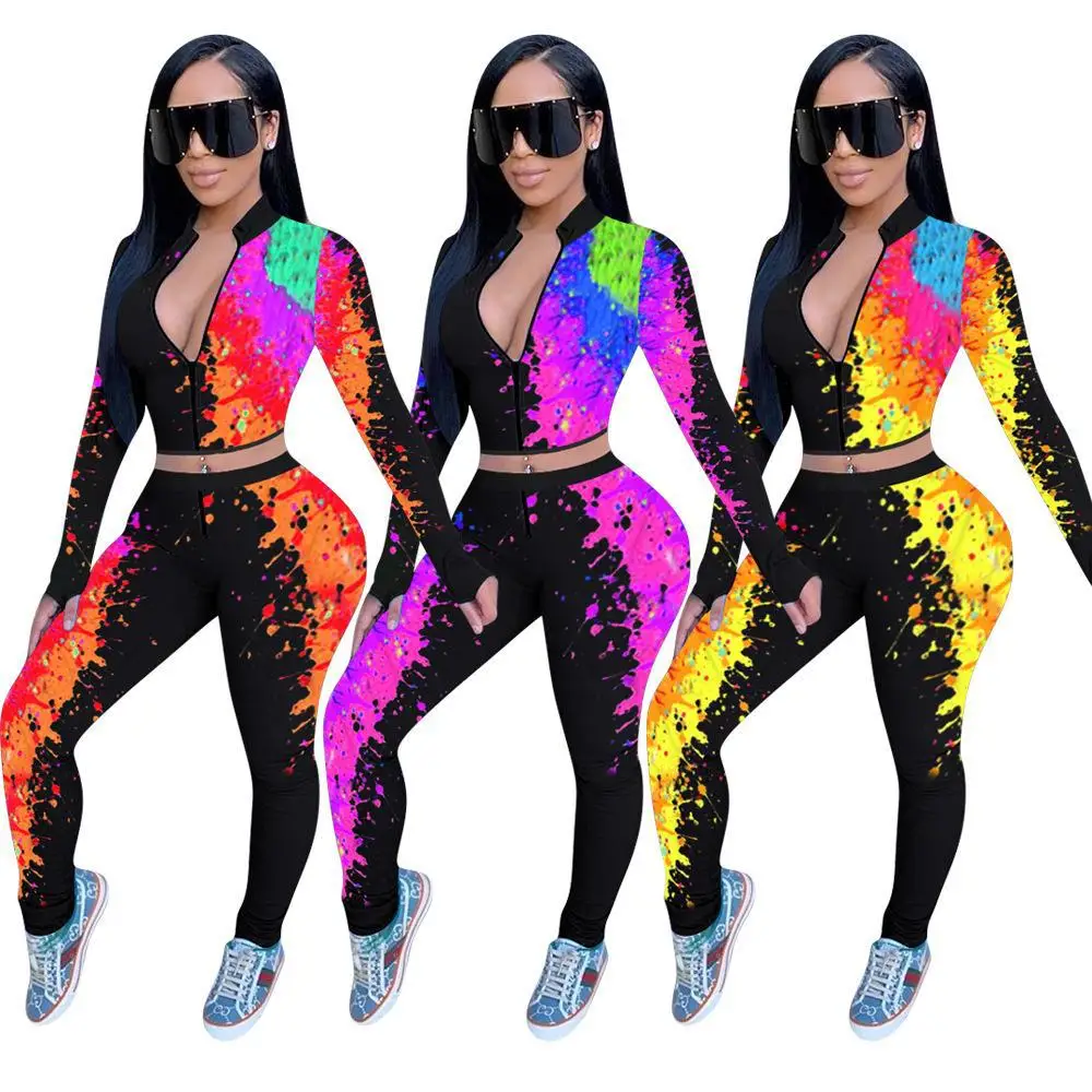 

Spring And Autumn 2021 Women's Clothing Graffiti Plus Size Print Long Sleeve Two Piece Pants Set Women