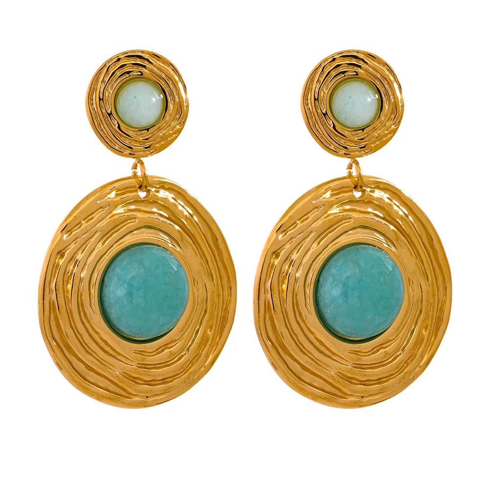 

JINYOU 820 Blue Natural Amazonite Stone Stainless Steel Round Dangle Earrings Gold Fashion Jewelry Women Rust Proof Gala Gift