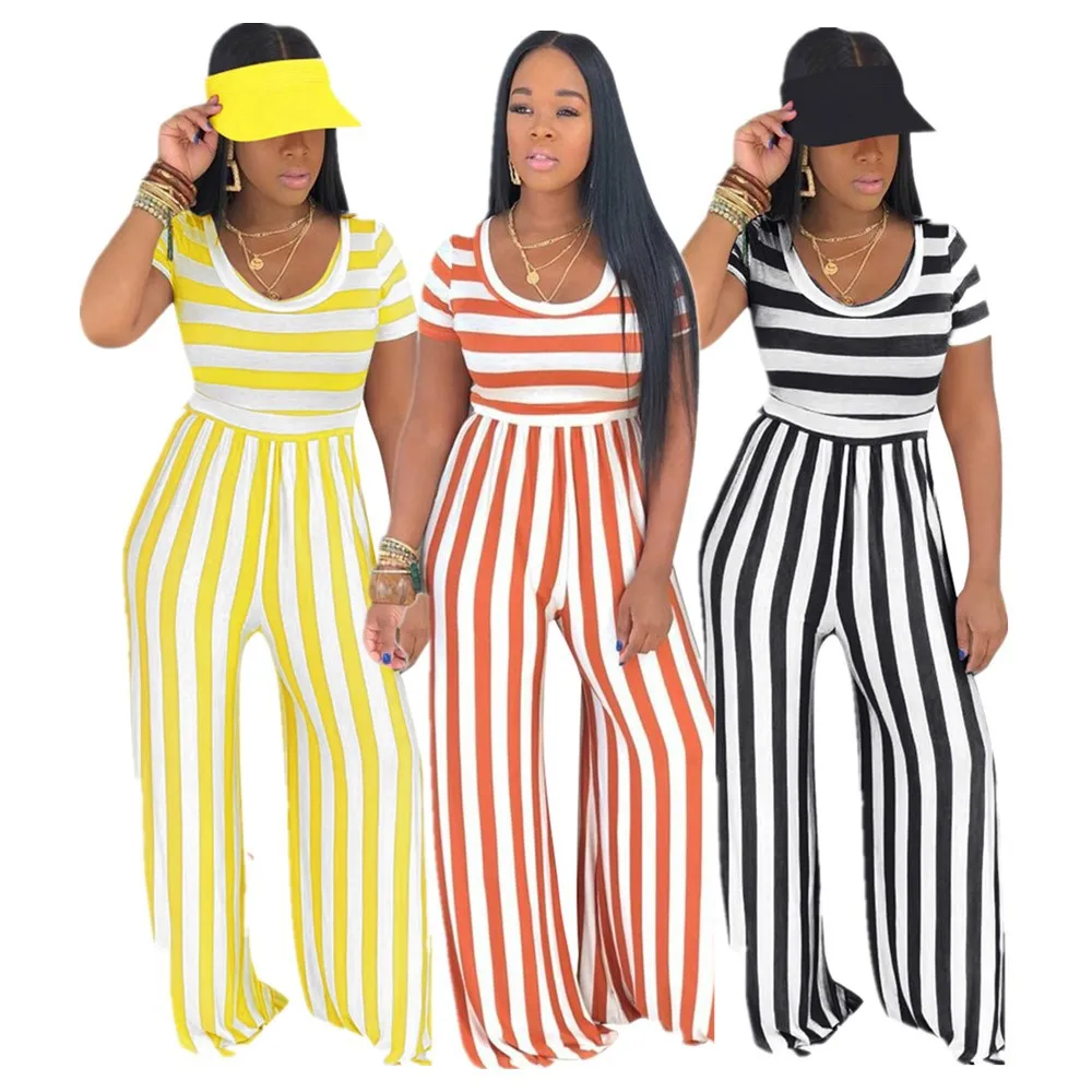 

Wholesale Summer Fall Striped Printed O-Neck Short Sleeve Top Bell Bottom Pants Jumpsuit Wide Leg Women's One Pieces Set, Black,orange,yellow