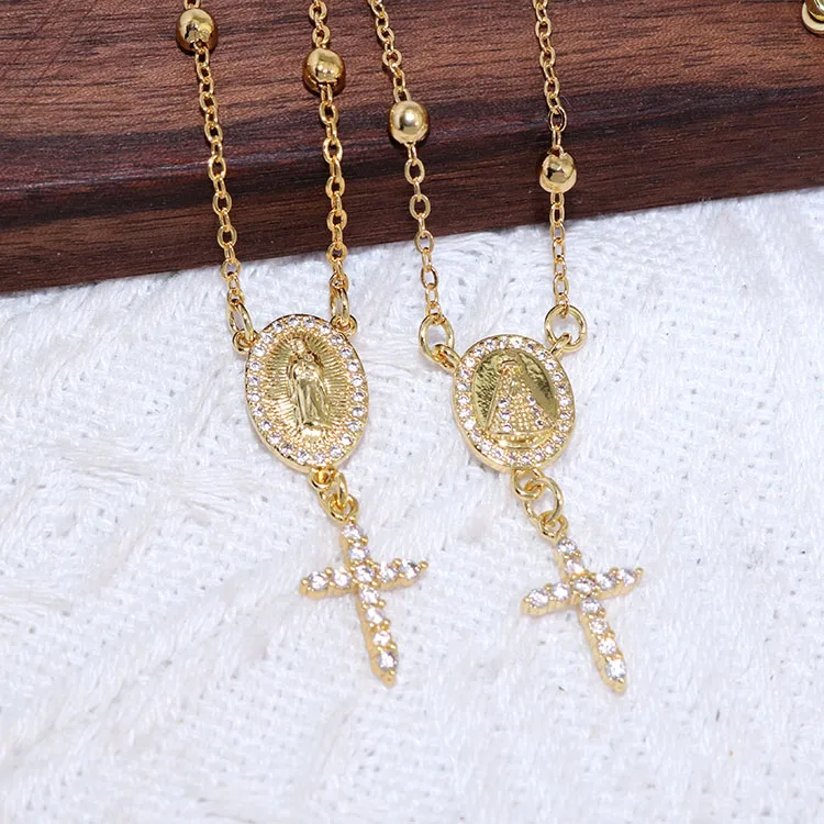 

NZ1435 Dainty Gold Plated CZ Virgin Mary Rosary Necklace Rosario Lady de Guadalupe Catholic Jewelry zircon gold rosary necklace