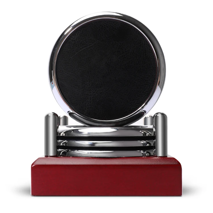 

Wholesale Customizing Wood Mixed Metal Coaster Holder with Leather Cup Coaster, Customized color