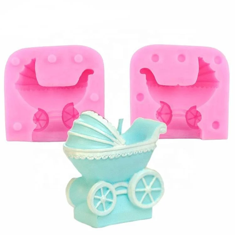 

New 3D Baby Stroller Soap Silicone Candle Mold Baby Birthday Cake Decorating Fondant Molds Candy Chocolate Gumpaste Moulds, As shown