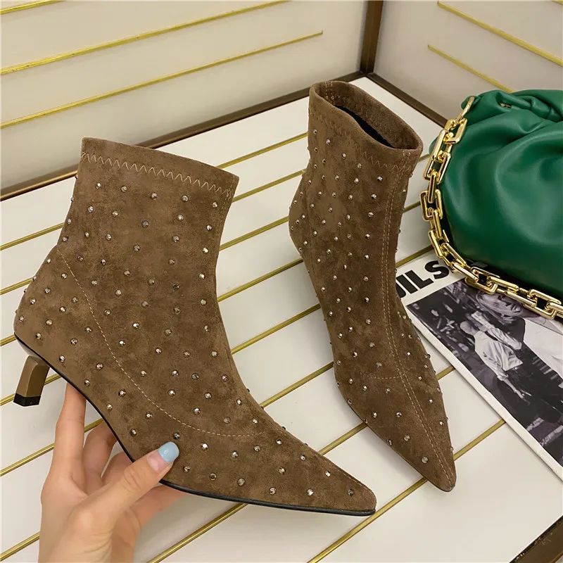 

2020 latest design PU women diamond ankle boot mid cat heel ladies shoes