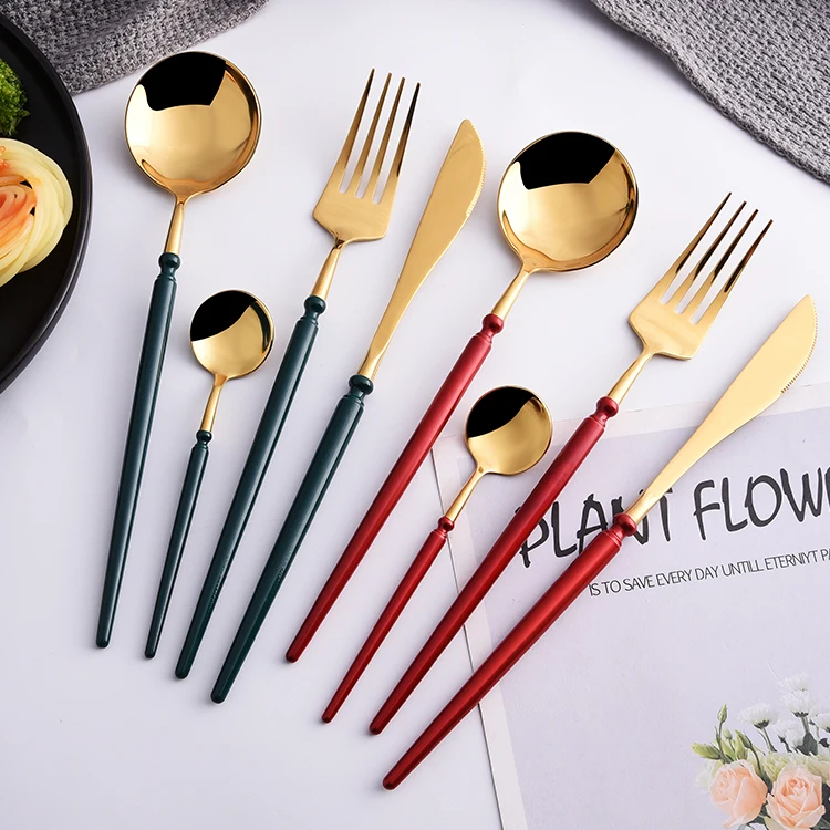 

Factory direct stainless steel plated gold for restaurant knife/spoon/fork/teaspoon wedding cutlery flatware, Gold+spray paint