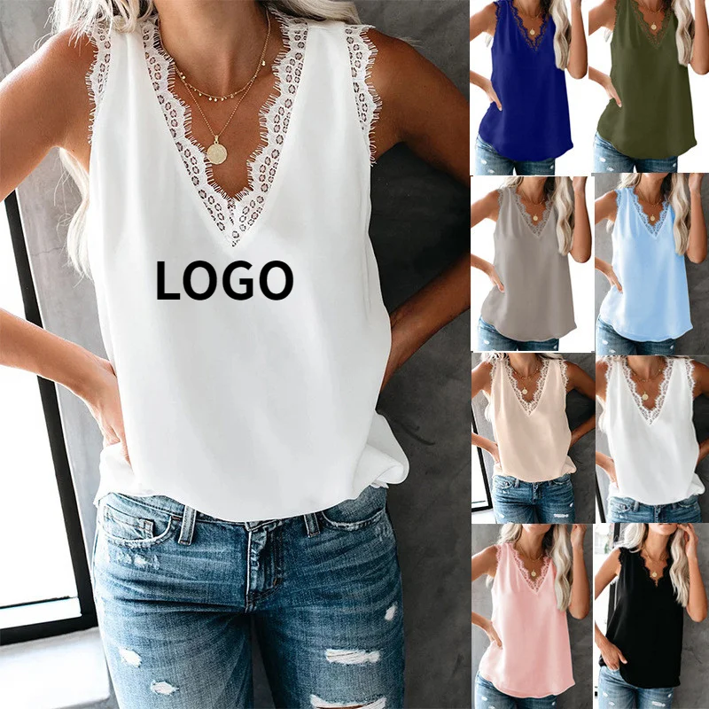 

Wholesale Fashion Summer Casual Plain Lace Women's Vest T-Shirt Sleeveless V Neck Tank Top Women