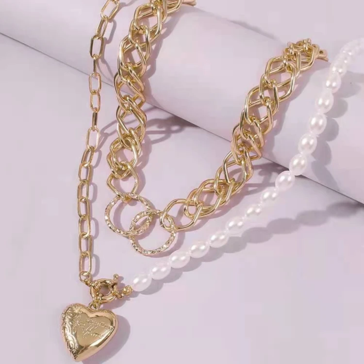 

fashion necklace 2021 trendy New Charm Women Gold Gilded Heart Pendant Pearl Necklace Chunky Chain beads necklace