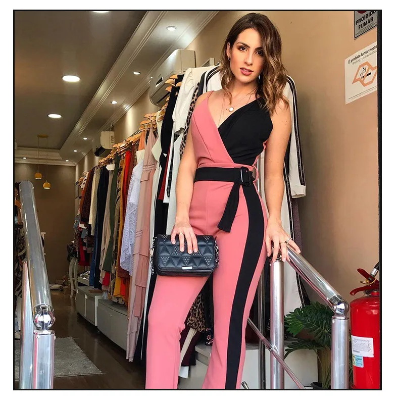 

Women Sexy V-neck Ladies Jumpsuits New Design mono jumpsuit mujer, Pink black, gray black, white gray, black white
