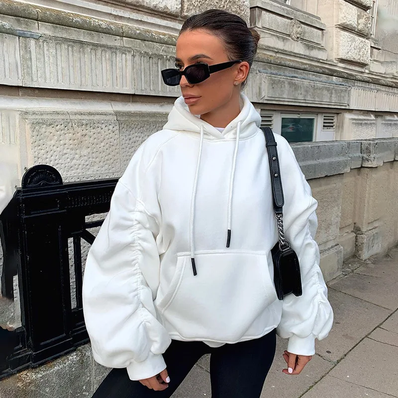 

2021 Spring Solid Color Casual Hoodies Women Long Stacked Sleeve Hooded Pocket Loosen Top Female Streetwear Clothing Sweatshirt