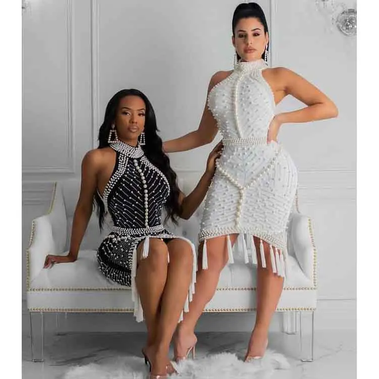 

A3448 wholesale new arrivals brand black women club wear fashion sexy tight bodycon beaded tassel bandagedress dress