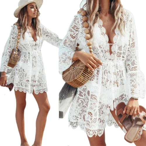 

Bikini Cover Up 2020 New Beachwear Floral Lace Crochet Swimsuit Summer Bathing Suit Sexy Hollow Cover-Ups White Beach Dress